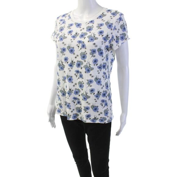 Goldie Womens Floral Print Short Sleeves Shirt White Blue Cotton Size Large - Picture 2 of 5